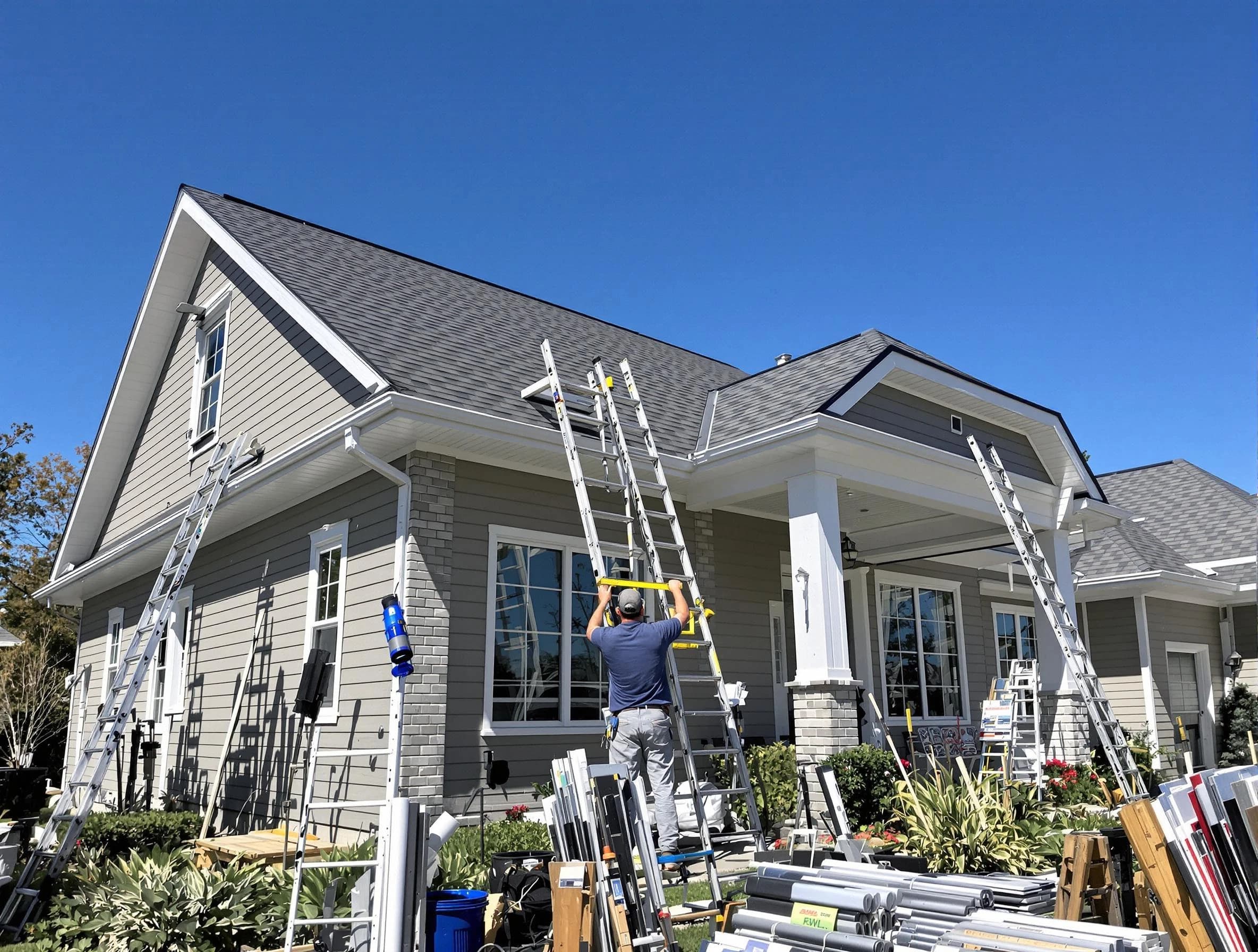 North Olmsted Roofing Company fitting rain gutters at a home in North Olmsted, OH